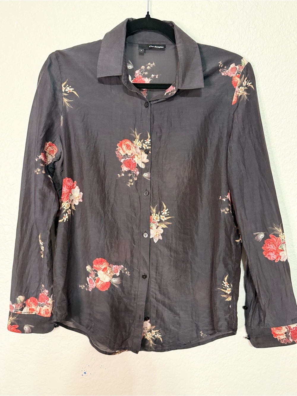 The Kooples Black Button-Up Shirt with Red Floral Print